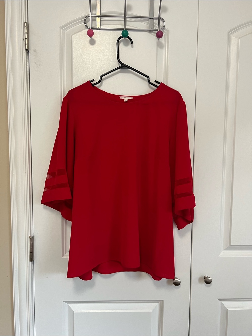 Maurices Red Blouse with Sheer Sleeve Stripes